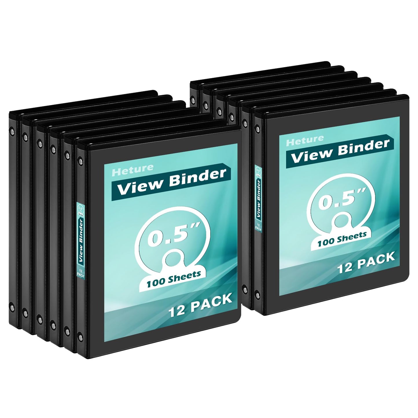 Heture 3 Ring Binder 0.5 Inch 12 Pack, 0.5" Clear View Round Ring Binders, PVC-Free, Holds for 100 Sheets 8.5"x 11" US Letter Size Paper, 1/2 in Durable Black Binders for Office,School and Home.