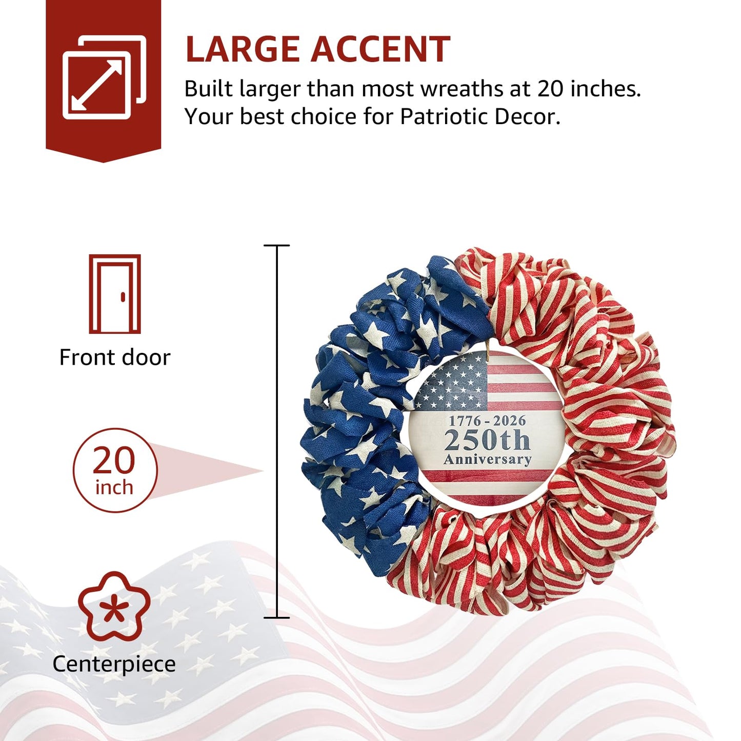 4th of July Wreath for Front Door - 20 inch Memorial Day Patriotic Decorations Outdoor, Red White and Blue 1776-2026 USA 250th Anniversary Burlap American Flag Door Wreaths
