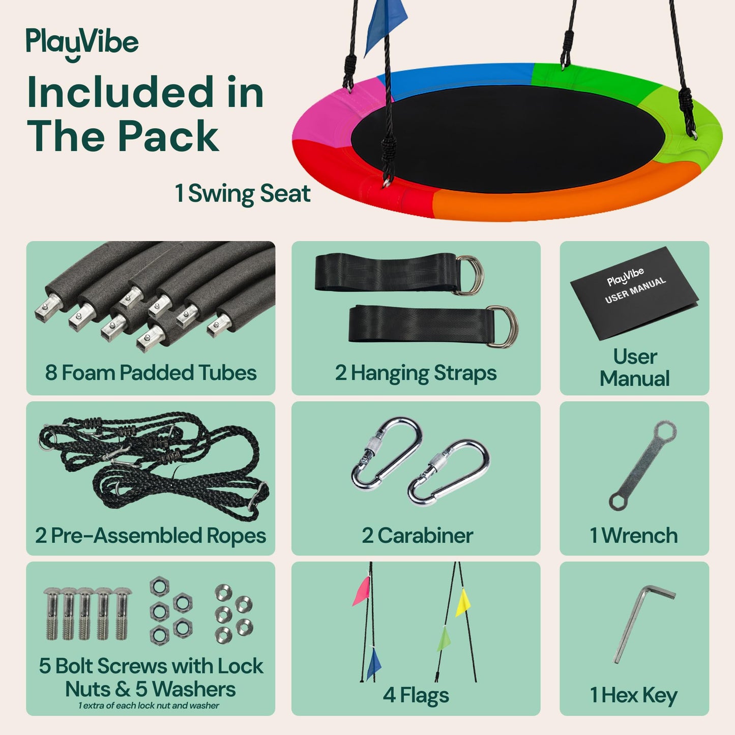 PLAYVIBE 40" Saucer Swing for Kids Outdoor - Tree Swing Set Summer Fun, 440 lb Capacity - Multicolor 600D Oxford Fabric & Adjustable Ropes, Straps & Carabiners