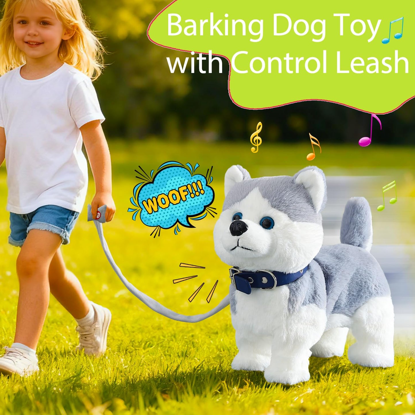 Husky Walking Dog Barking Toy, Musical Singing Dancing Dog, Volume Control Interactive Puppy Walk Along with Leash, Wagging Tail Shaking Head, Robot Dog Plush Stuffed Animal Puppy