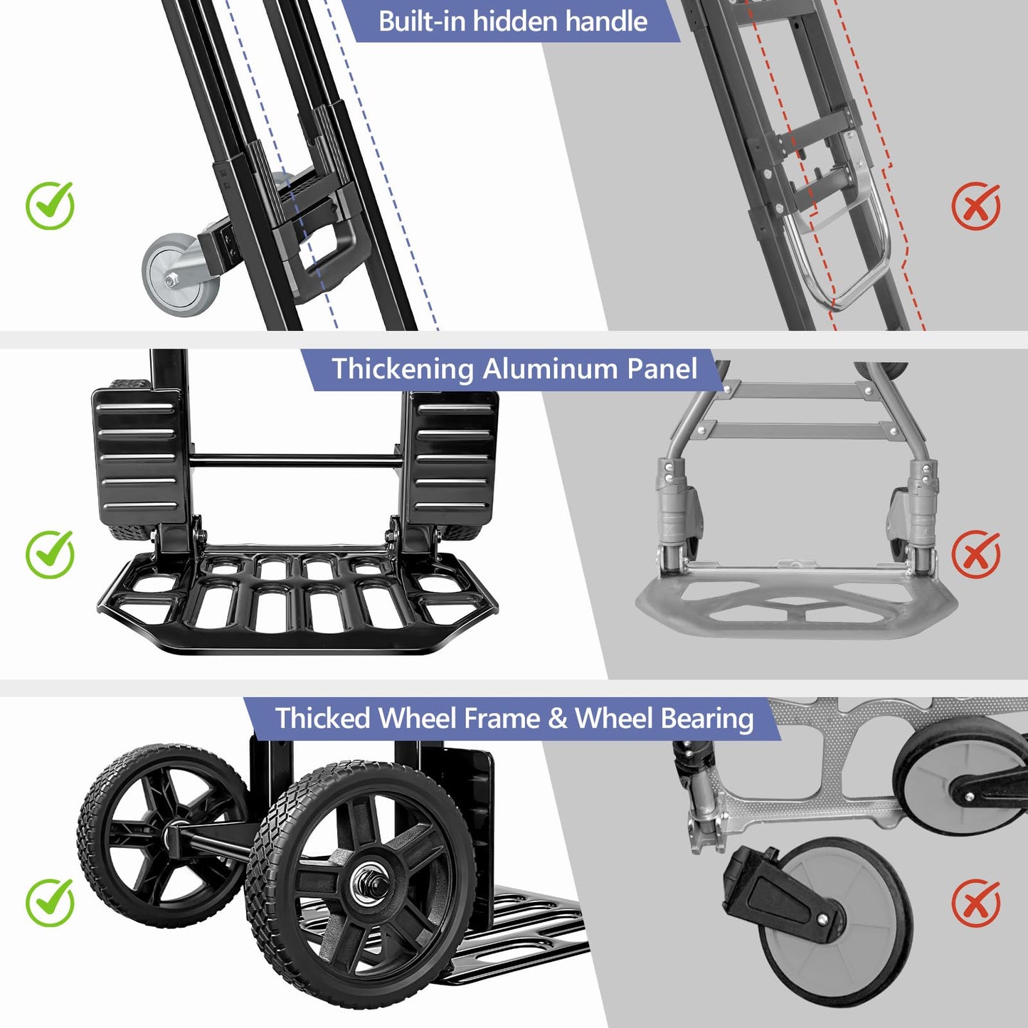 KEDSUM 3-in-1 Folding Hand Truck, 600LBS Heavy Duty Dolly Cart with Wheels, Six Wheels and Two Wheels Convertible Dolly Cart for Office,Home Moving, Simple Conversion