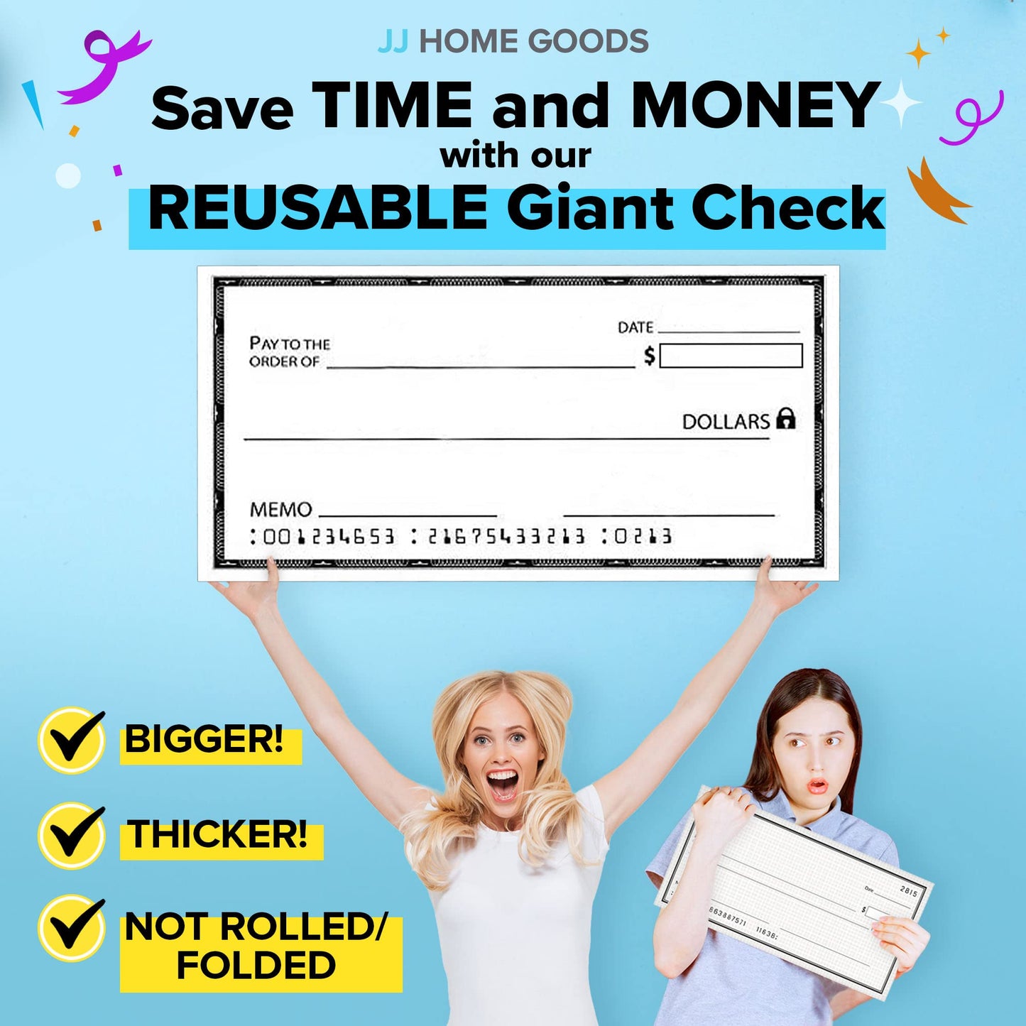 Reusable Giant Check [48" x 24"] - Dry Erase Big Checks for Presentations, Oversized Checks for Presentation, Novelty Big Check, Giant Big Fake Check, Large Checks for Presentations, Donation, Awards