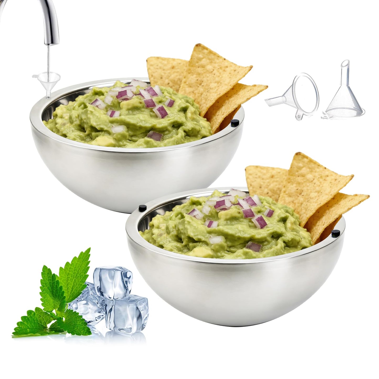 Amestar Dip Chiller Bowl 2 Pack- 70 OZ Large Capacity, Frozen Ice Stainless Steel Insulated Party Serving Bowl, Salad Pod for Parties Salsa, Guacamole, Condiments, Sauces, Keeps Food Hot or Cold
