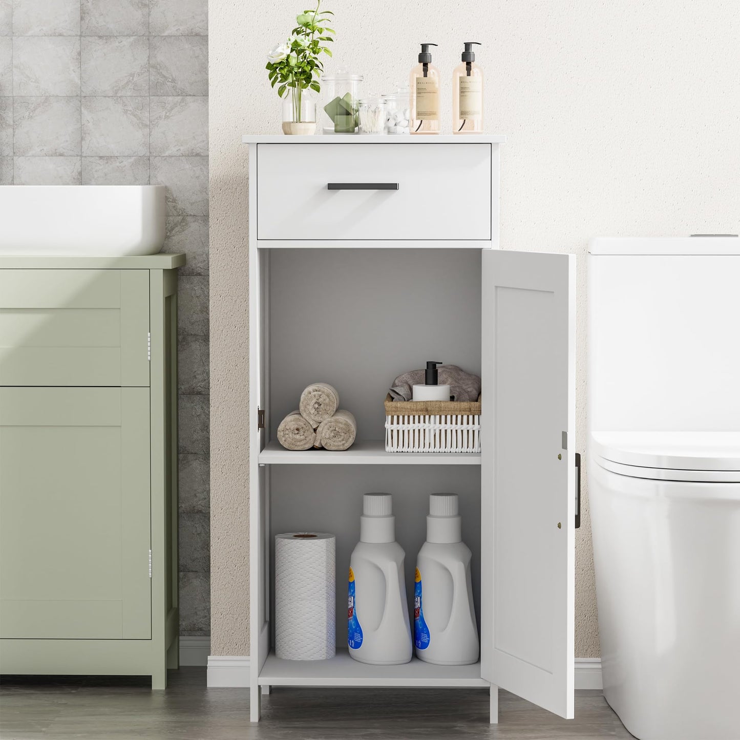 Homhedy 35.4" H Bathroom Cabinet with Drawer, Bathroom Organizers and Storage, Adjustable Shelf, Floor Cabinet for Living Room, Entryway, Kitchen, White, (15.7" W)