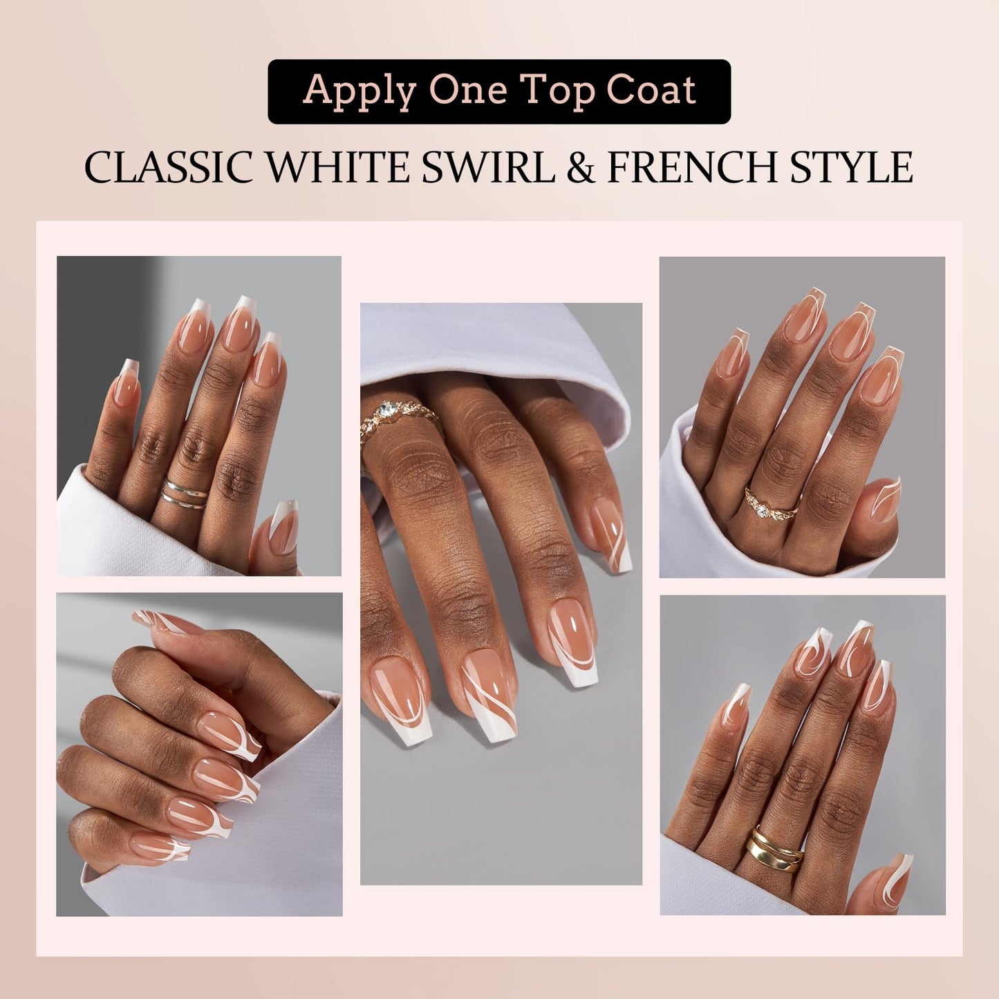 BTArtbox French Tip Press on Nails - 5 Styles XCOATTIPS Short Coffin Nails, Pre-Designed Swirl Soft Gel Nail Tips, Ultra Fit False Nails, Soak Off Acrylic Fake Nails Extensions for Valentines Day Gift