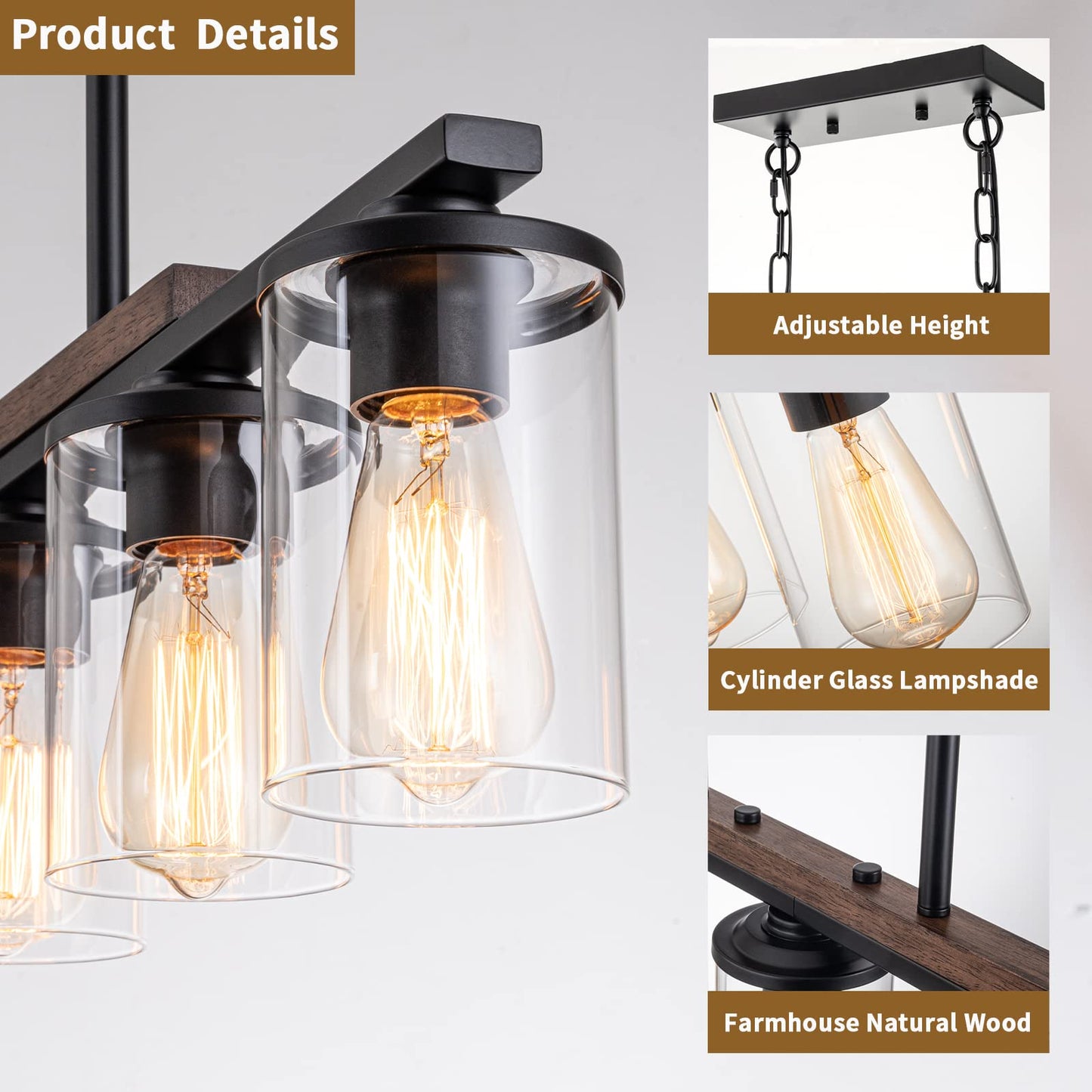 2025 Upgraded Kitchen Island Lighting, 5-Light Dining Room Light Fixtures Over Table Kitchen Island Lights with Rustic Wood Frame Farmhouse Chandelier for Dining Room, 32.4" Black Clear Glass Shades