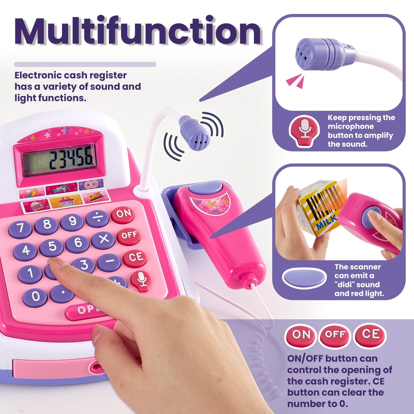 BUYGER Children's cash register toy cash register with receipt printer, scanner microphone, shopping shop accessories, supermarket role play, gifts for children from 3 + years