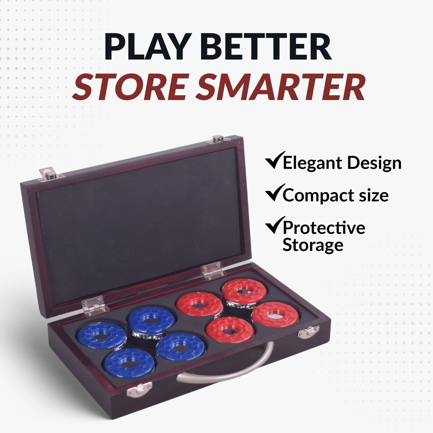 Hathaway Shuffleboard Pucks Set of 8 – Regulation Sized Shuffleboard Discs with Dimpled Top for Easy Grip & Beveled Edge for Better Control, & Sturdy Dark Cherry Wooden Case – Shuffleboard Accessories