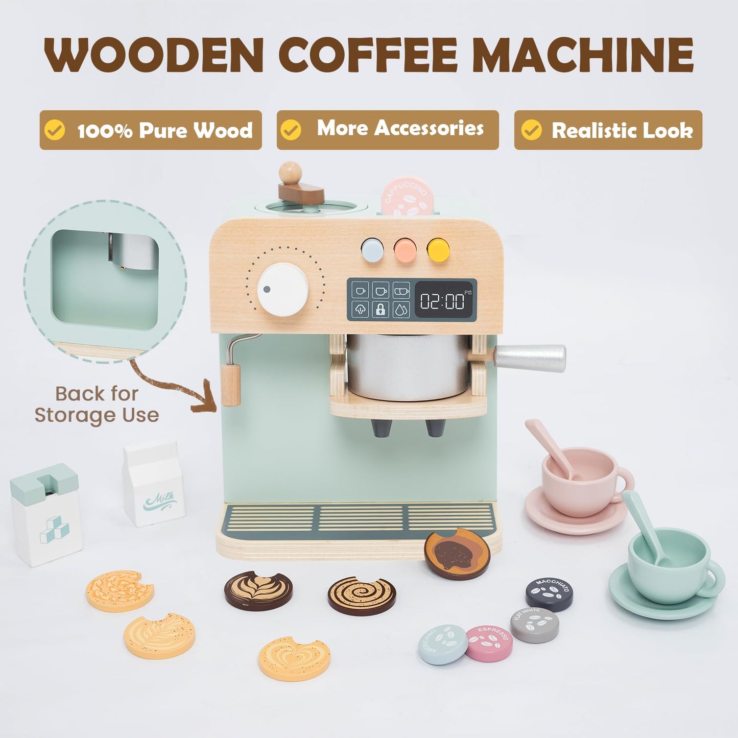 JugueteLand Kids Coffee Maker Playset, 23PCS Wooden Kitchen Toys, Play Kitchen Accessories for Toddler, Espresso Machine Playset Montessori Kitchen Toy, Gift for Boys and Girls 3 4 5 Years