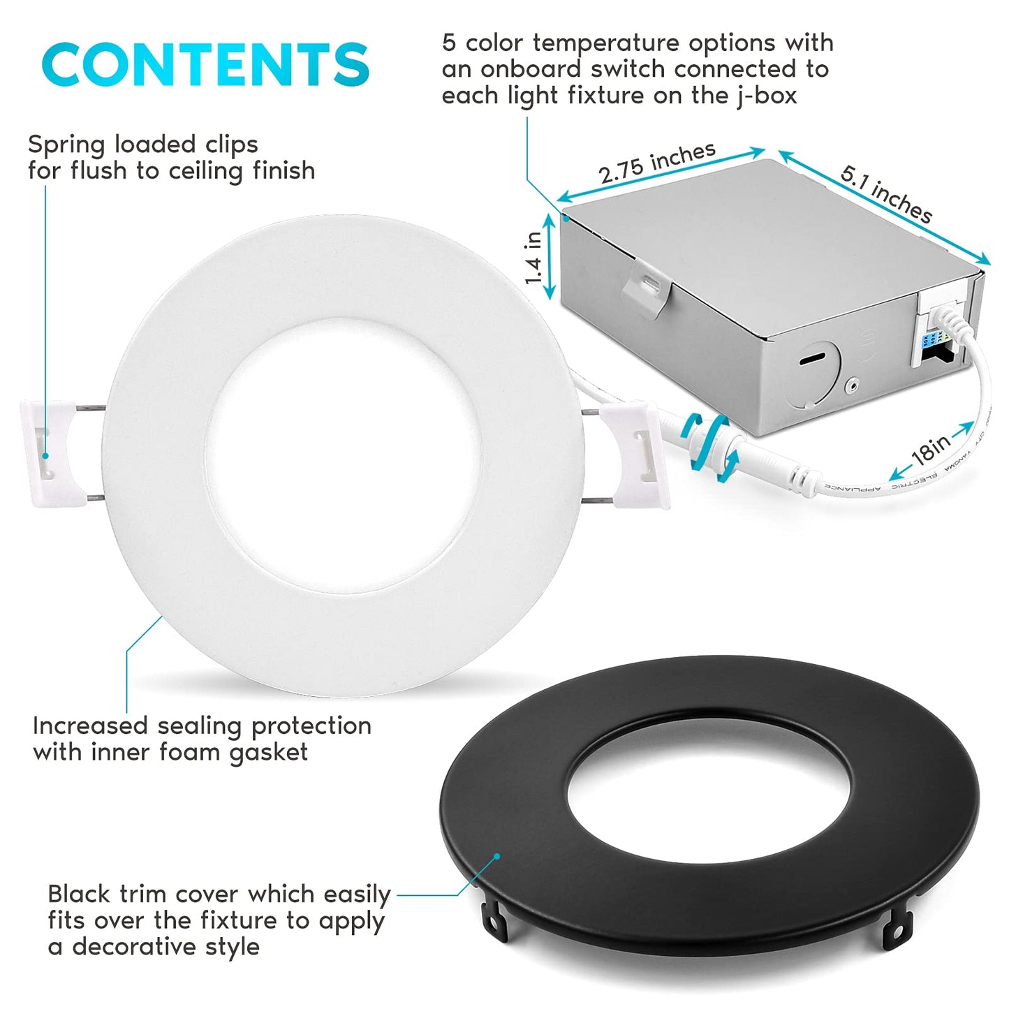 LUXRITE 3 Inch Ultra Thin LED Recessed Light with J-Box, 8W, 5 Color Options 2700K | 3000K | 3500K | 4000K | 5000K, Dimmable Wafer Lights, 540 Lumens, Black Trim, Energy Star, IC Rated (4 Pack)