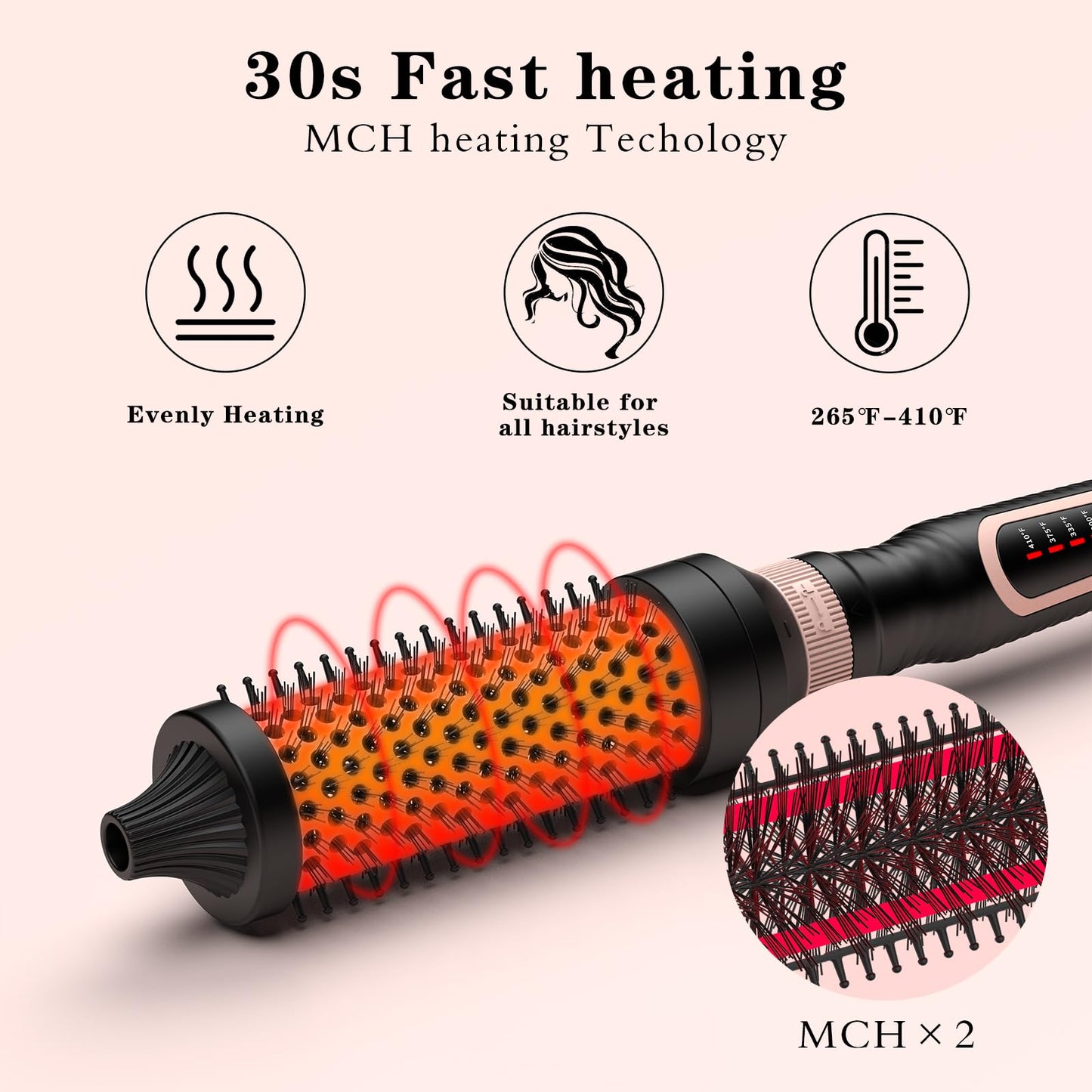 Thermal Brush 3 in 1 Set Ionic Heated Round Curling Brush Create Volume & Smoother Hair Style for Fully Dried Hair Ceramic Fast Heating Curling Iron Brush with Temperature (Black)