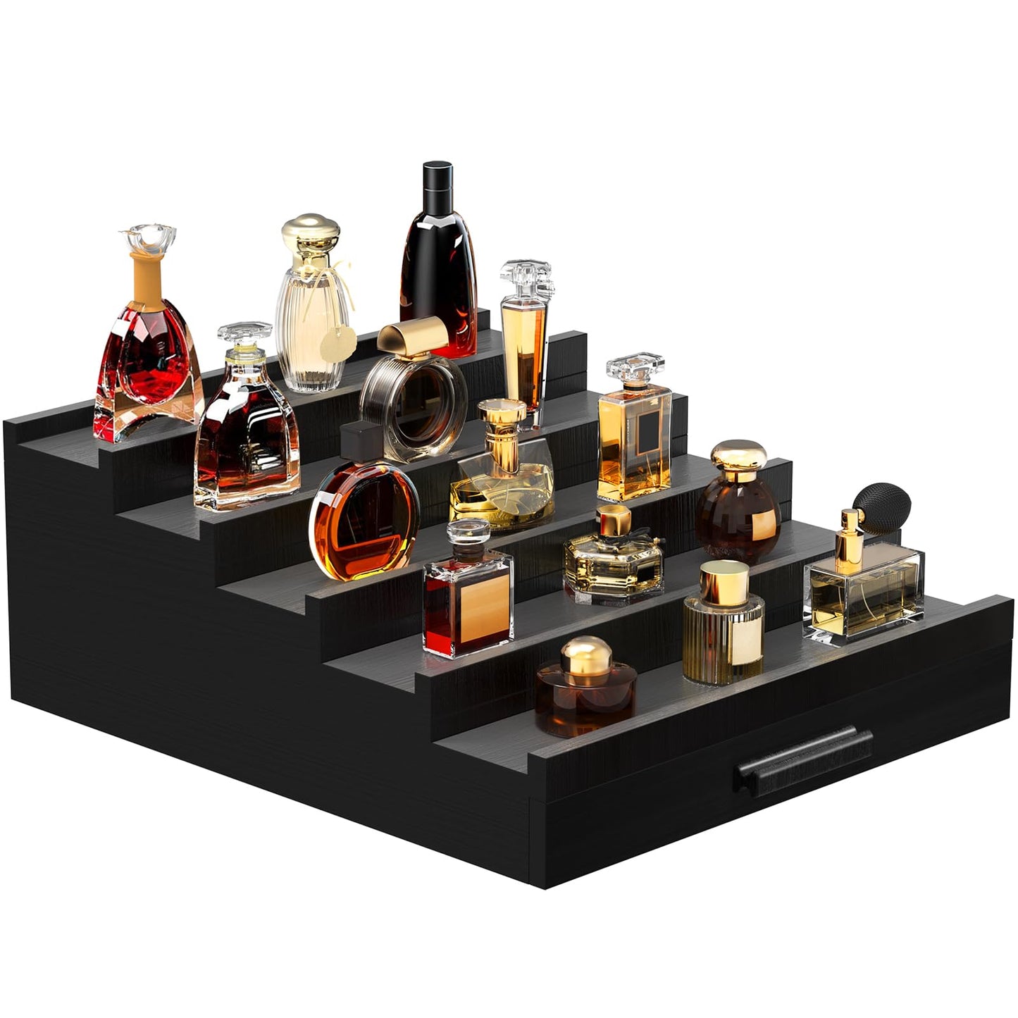 Zaldia Wooden Cologne Organizer for Men 5 Tier of Perfume Display Holder of Drawer & 2 Hidden Compartments Larger Storage Space Mens Perfume Organizer Shelf Stand,Gift for Man (5T-Black)