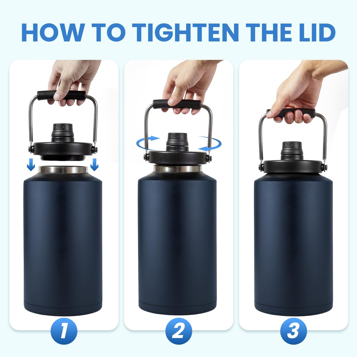 1 Gallon Water Bottle Insulated Stainless Steel Keeps Ice 48Hr, Large Water Gallon Jug Wide Mouth Leakproof Vacuum for Gym, Camping, & Construction Navy Blue