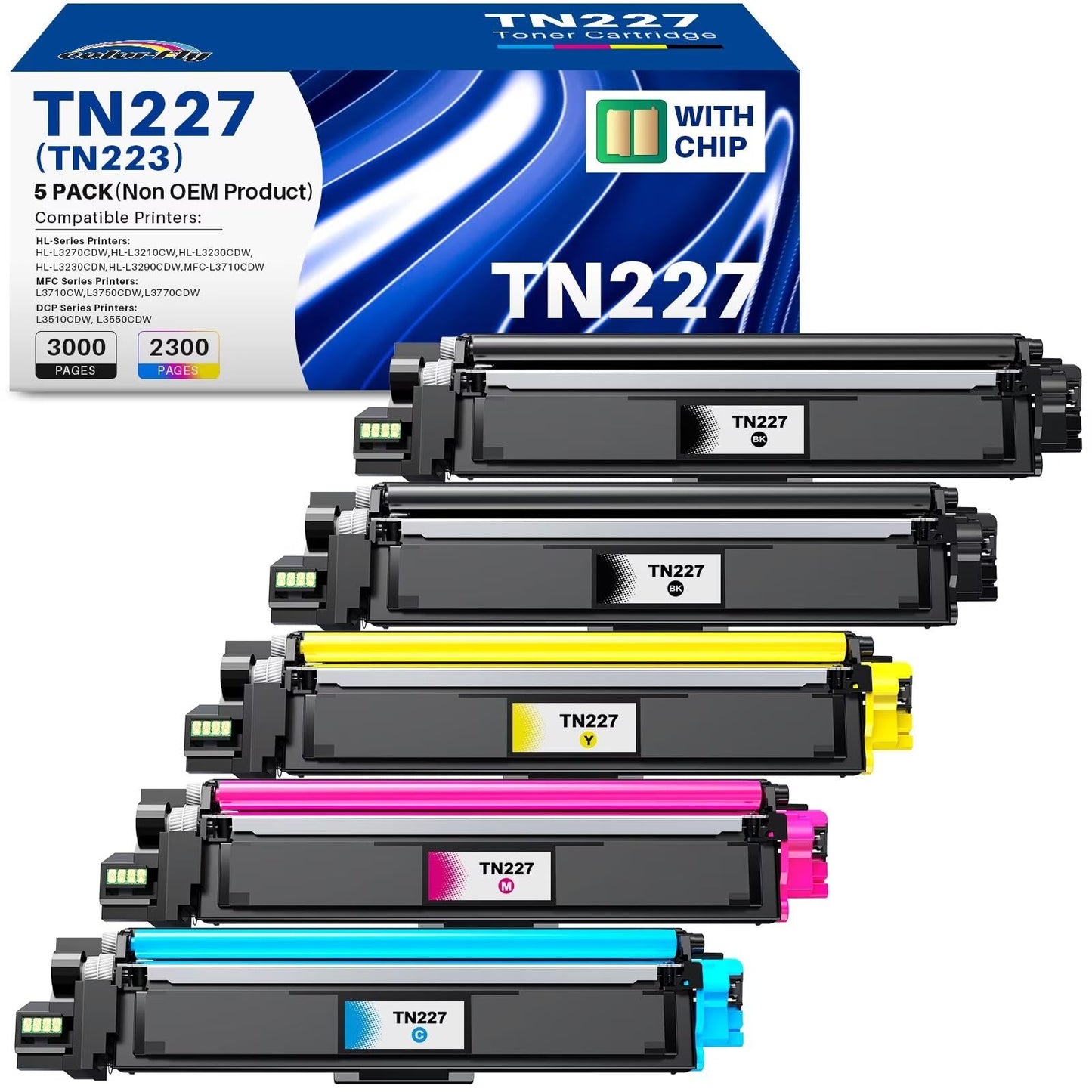 Colorfly Compatible TN227 High Yield Toner Cartridge Replacement for Brother TN-227BK/C/M/Y High Yield TN227 High Yield Toner Cartridge Use with HL-I3290CDW Toner MFC l3770CDW HL-L3270CDW 5P