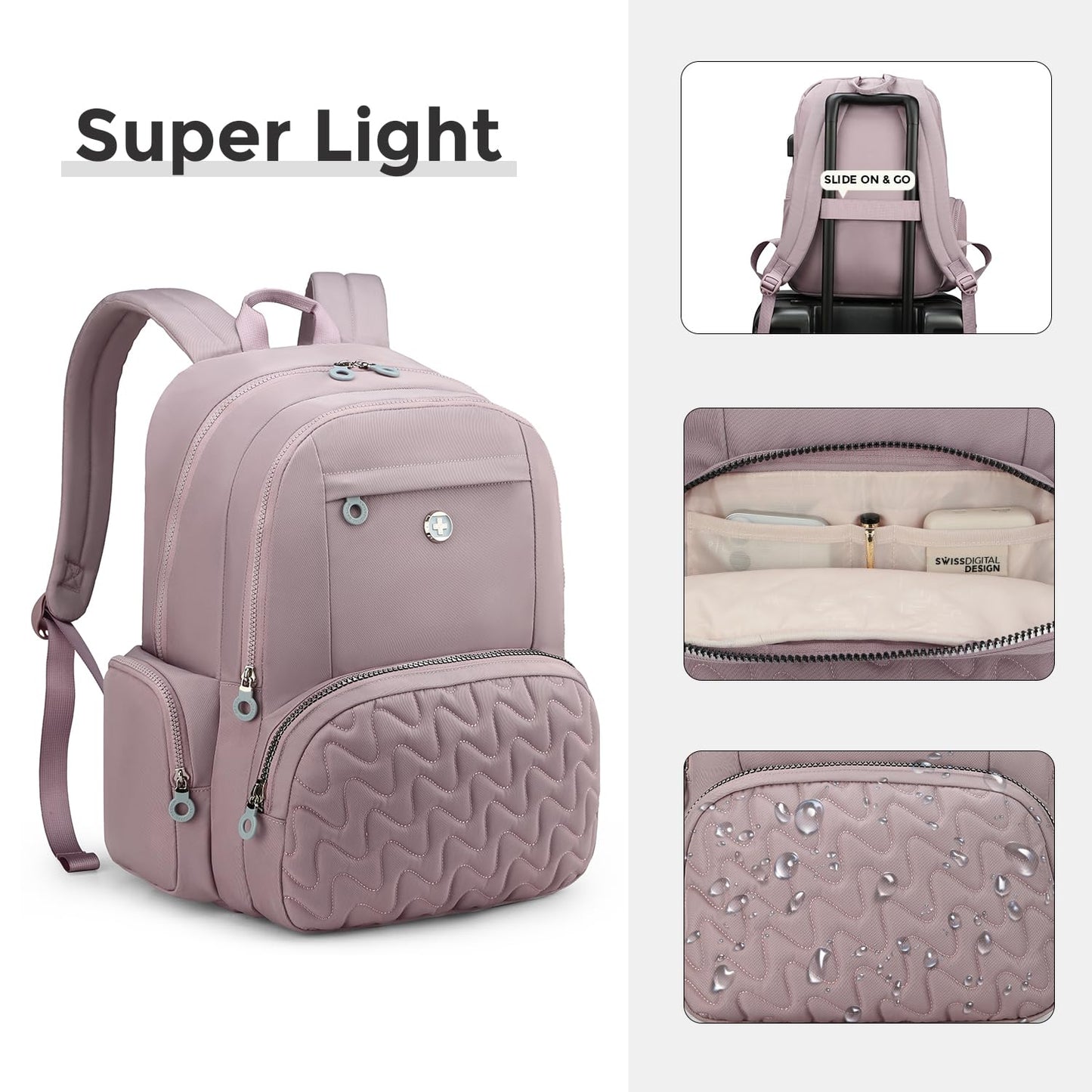 Swissdigital Design Backpack for Women, 15.6 inch Laptop College Pink Medium Simple Modern Backpacks for School with USB Charging Port for Womens Girls | SD1711-82
