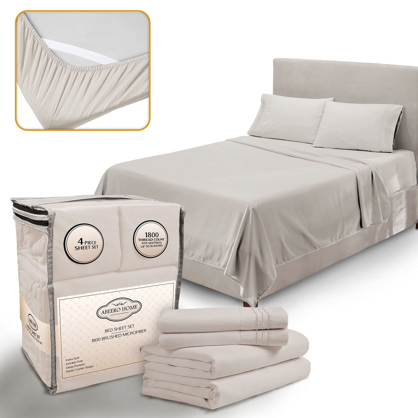 Abeero Home King Size Sheets Set Cooling - Luxury Hotel Sheets - Soft Bed Sheet with Elastic Corner Straps - Deep Pockets Microfiber Bedsheet - Bedding Sheet & Pillowcases - 4 Piece (King, Beige)