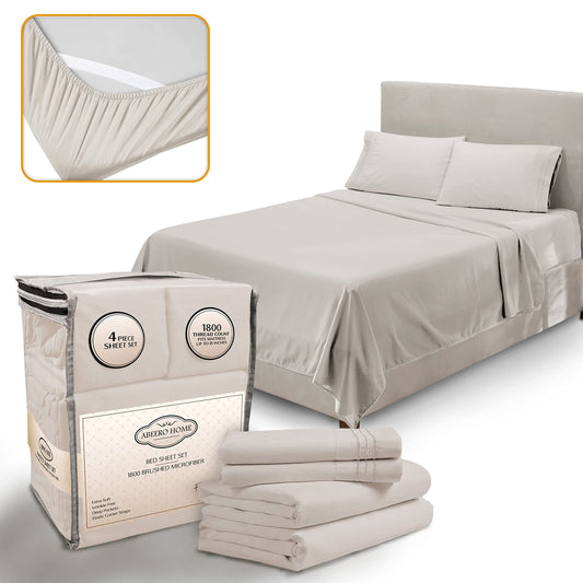 Abeero Home King Size Sheets Set Cooling - Luxury Hotel Sheets - Soft Bed Sheet with Elastic Corner Straps - Deep Pockets Microfiber Bedsheet - Bedding Sheet & Pillowcases - 4 Piece (King, Beige)