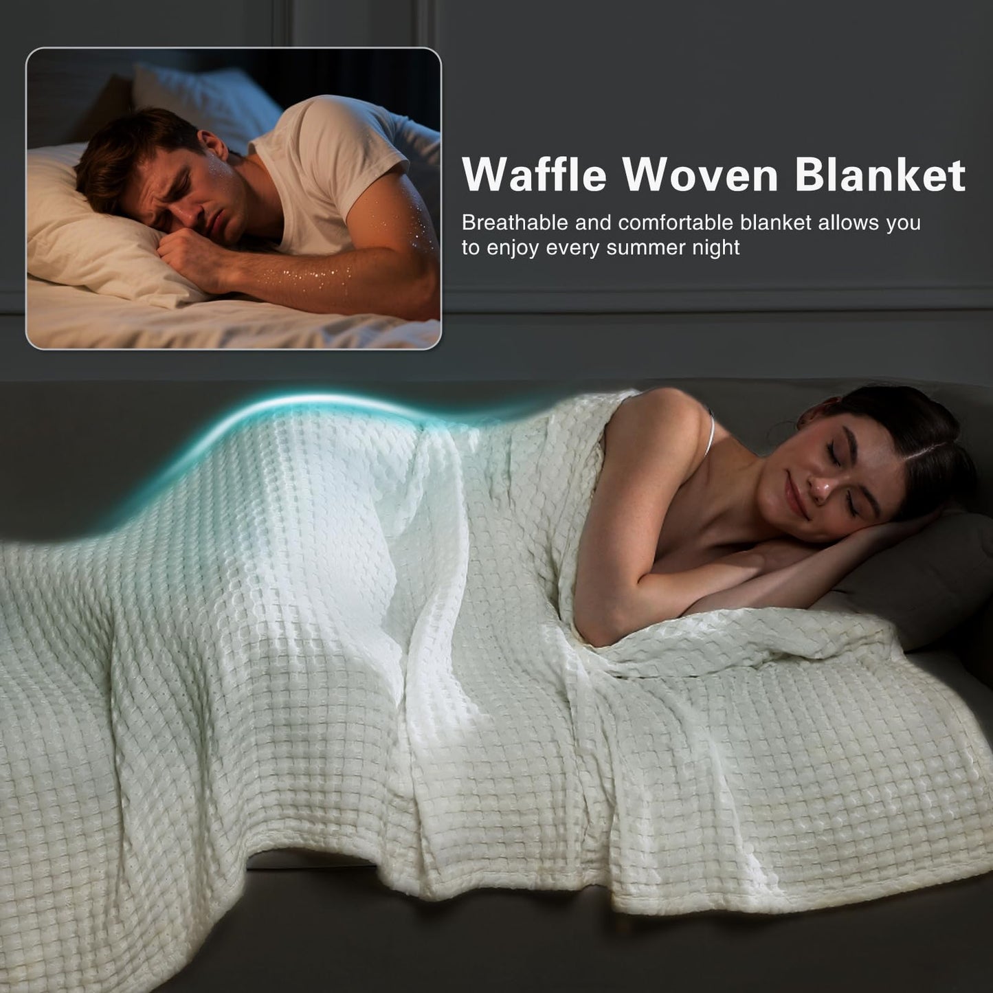 Aganear Cooling Blanket Queen Size for Hot Sleepers,Lightweight Cotton Summer Blanket of Rayon Derived from Bamboo.Waffle Weave Luxury Throws for Bed,Couch and Sofa.White,90x90 Inches