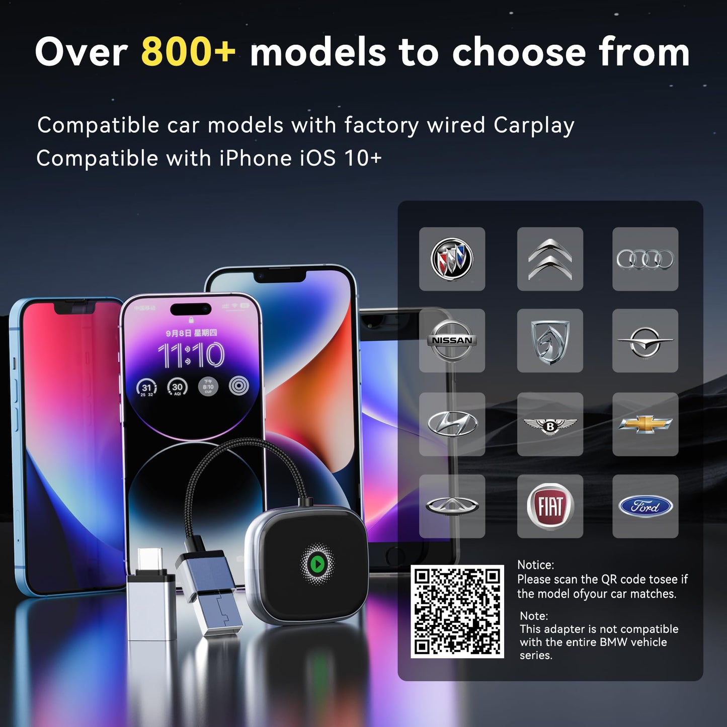 Wireless CarPlay Adapter, Wireless carplay Adapter for iPhone-Easily Upgrade Wired CarPlay to Wireless Connectivity, Includes USB-A to USB-C Adapter, Plug & Play for iPhone (iOS 10 and Above)