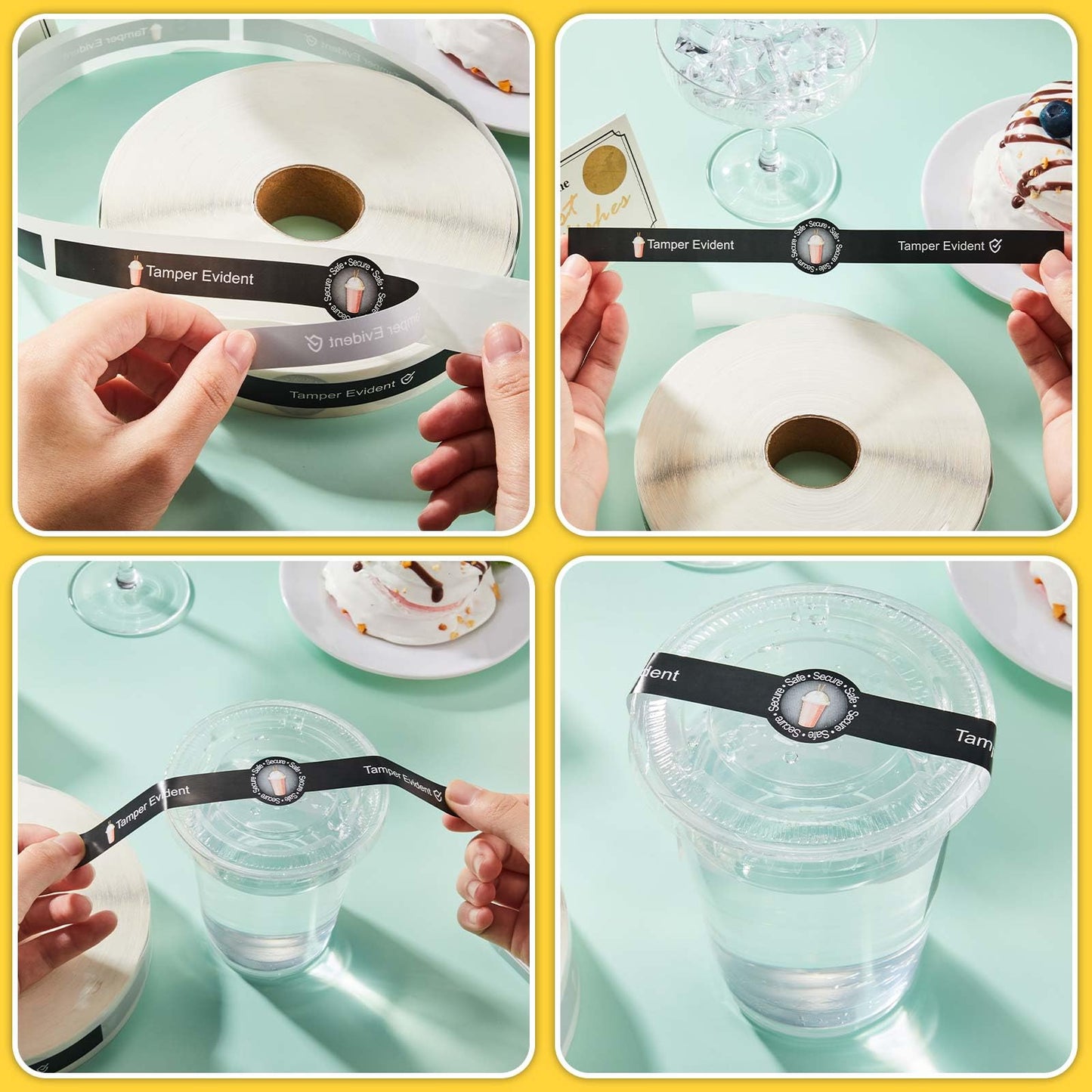 Zonon 2400 Pcs Safe Secure Tamper Evident Seals for Drink Lids, Food Delivery Stickers Sealed for Freshness Labels Drink Food Coffee Milk Tea Ice Cream Seal Stickers 600 Pieces Per Roll (Black)