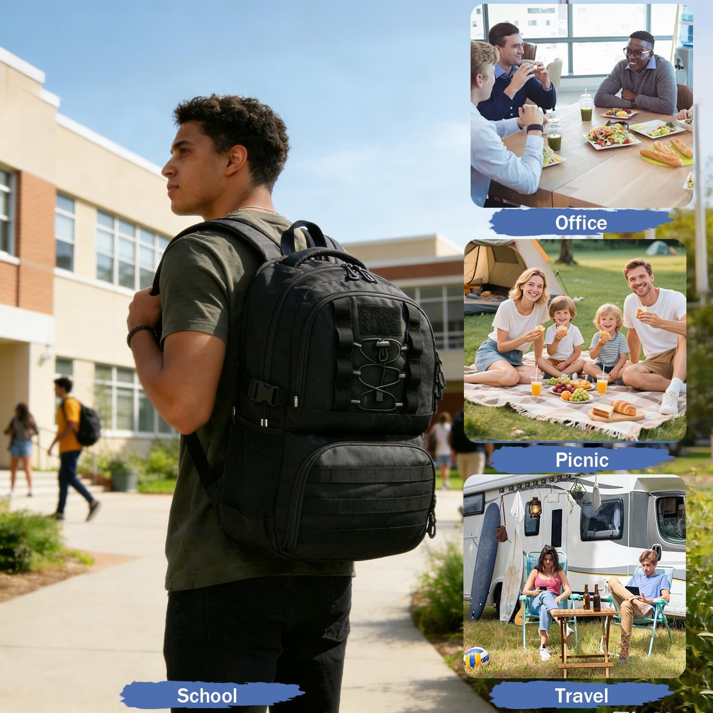 BISKLNDN Laptop Lunch Backpack for Men - 40L Large Capacity Work Lunch Box Backpack with Lunch Compartment and USB Post, RFID Insulated Cooler Backpack for Work, Travel, Picnic, Black