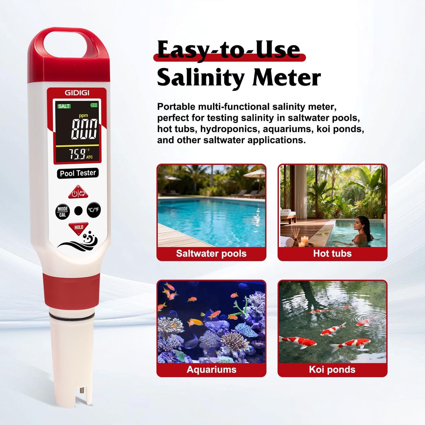 GIDIGI pH Chlorine Meter Digital 7 in 1, Pool ORP Salinity Meter Test pH CL Salt ORP EC TDS Temp, for Pools Aquariums Hydroponics Drinking Water Hot Tubs, Water Test Kit, with Calibration Solution