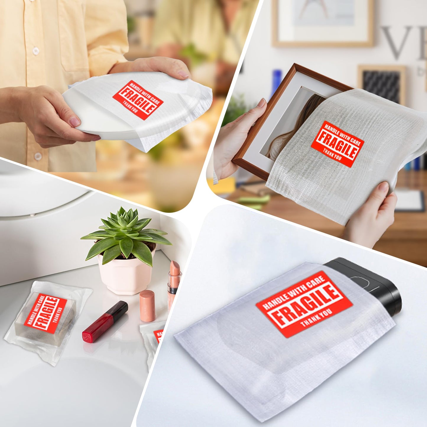 540Pcs Dish Packing Supplies for Moving, 270 Cushion Foam Wrap Pouches & Sheets 4 Sizes (16x12", 12x12", 12x7.8", 7.8x7.8") with 270 Fragile Stickers Plate Packing Sleeves for Fragile Shipping Storage