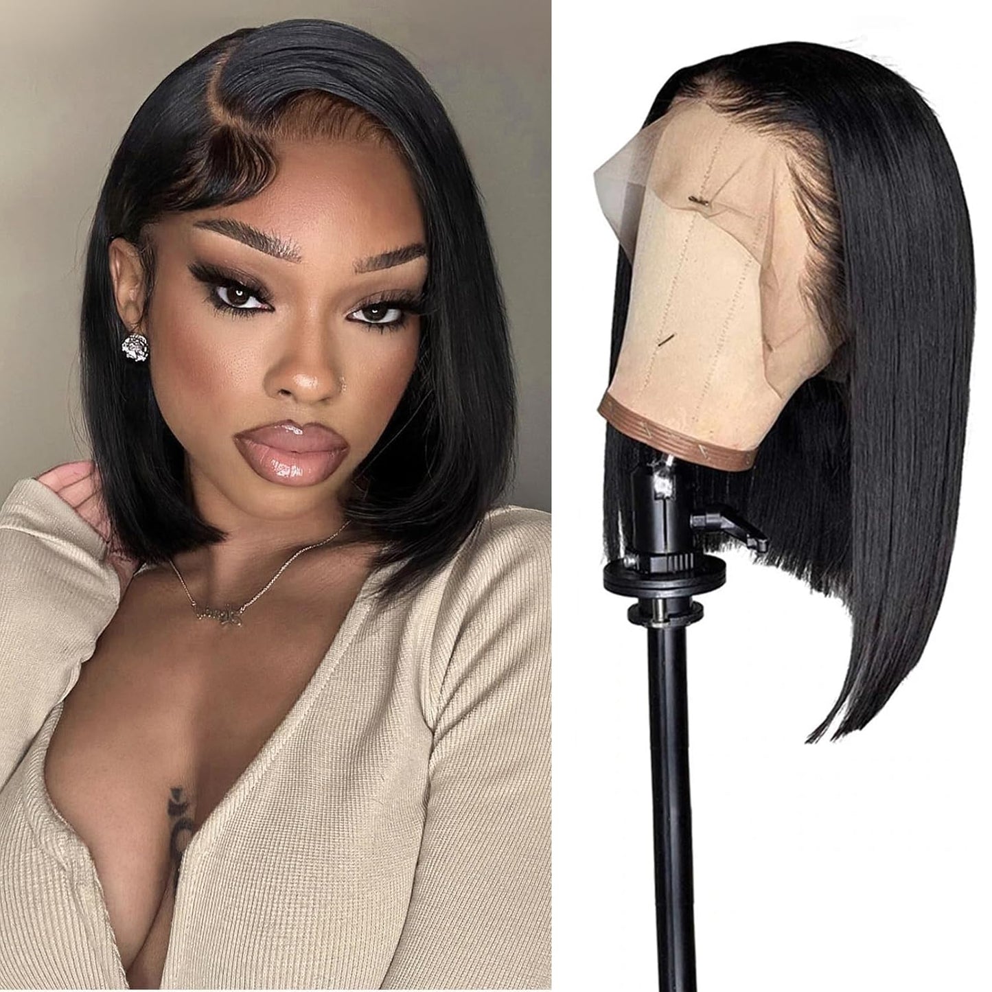 urno ble 13x4 HD Lace Front Bob Wig Human Hair Pre Plucked 180% Density Free Part Short Bob Wig With Baby Hair Straight Bob Lace Front Wigs Human Hair for Women（10in）