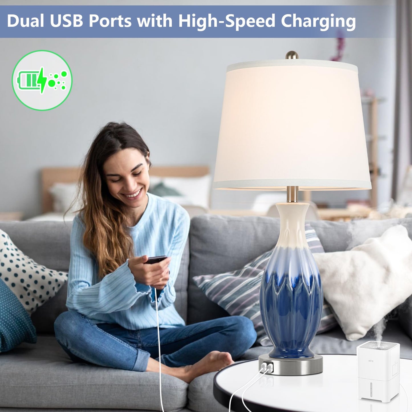 28” Tall Table Lamps Set of 2, Ceramic Navy Blue Bedside Lamps with USB Ports, Coastal Lamp with White Fabric Shade, Large Bedroom Table Lamps for End Table Living Room Nightstand