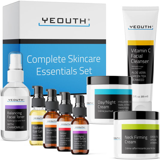 YEOUTH Skin Care Set: Retinol Serum with Hyaluronic Acid, Vitamin C & Super Face Serum, Cleanser, Toner, Eye Gel, Neck Cream, Face Cream 8-Piece