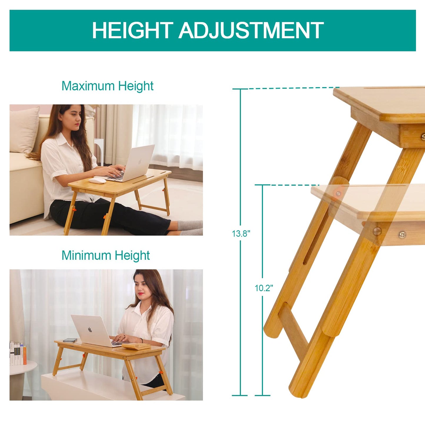 Lap Desk COIWAI Laptop Table Bamboo Writing Eating Bed Tray Adjustable Angle Height Foldable Desk Tray with Tablet Slot Drawer Breakfast Coffee Tea Table for Sofa Couch Floor Large Size