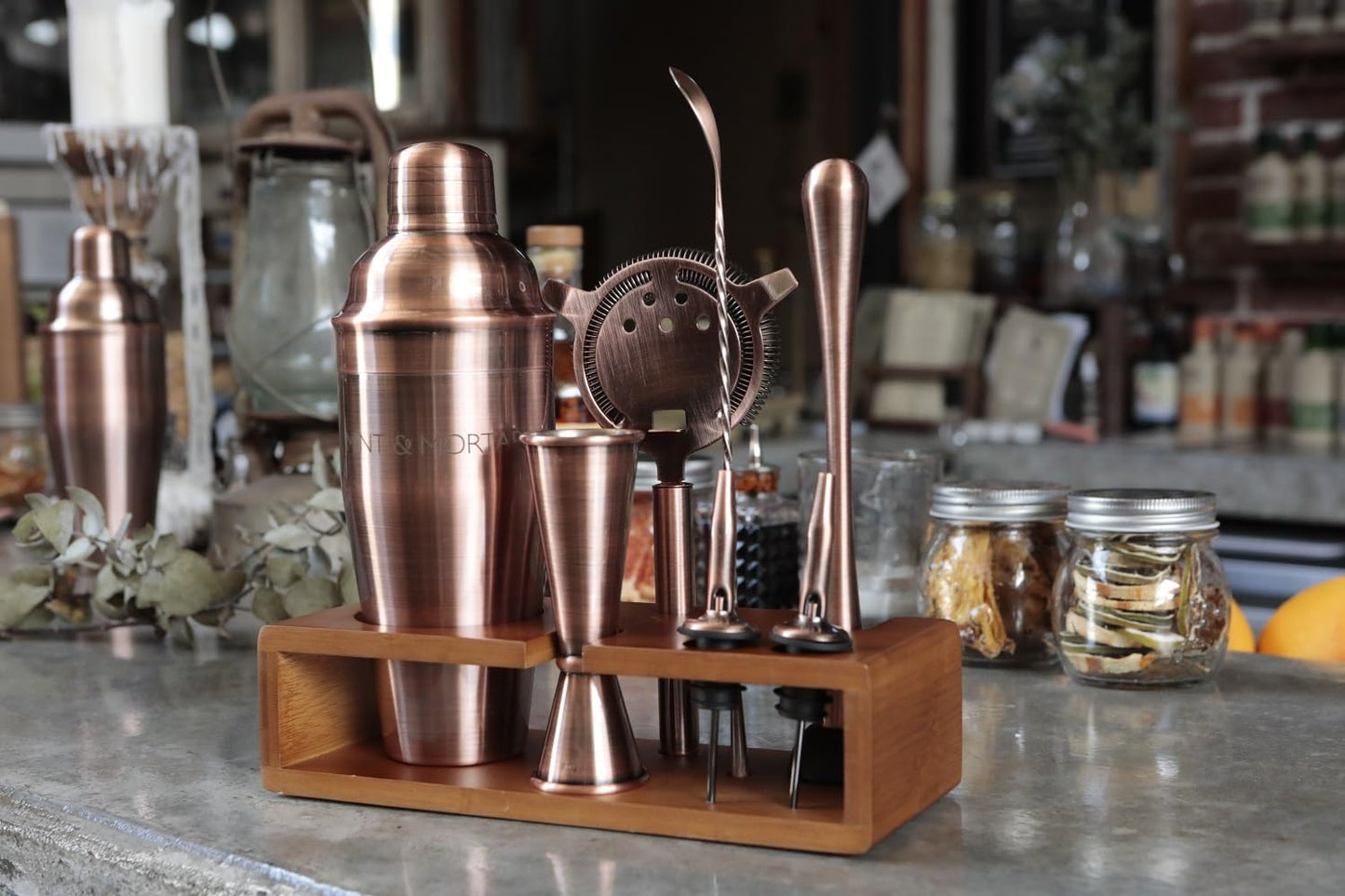 Mint & Mortar Cocktail Shaker Set, 7-Piece Bartender Kit with Stand, 24oz Martini Shaker Bottle Stainless Steel Bar Tools, Home Bar Accessories Drink Mixer, Barware Gift Set - Brushed Copper