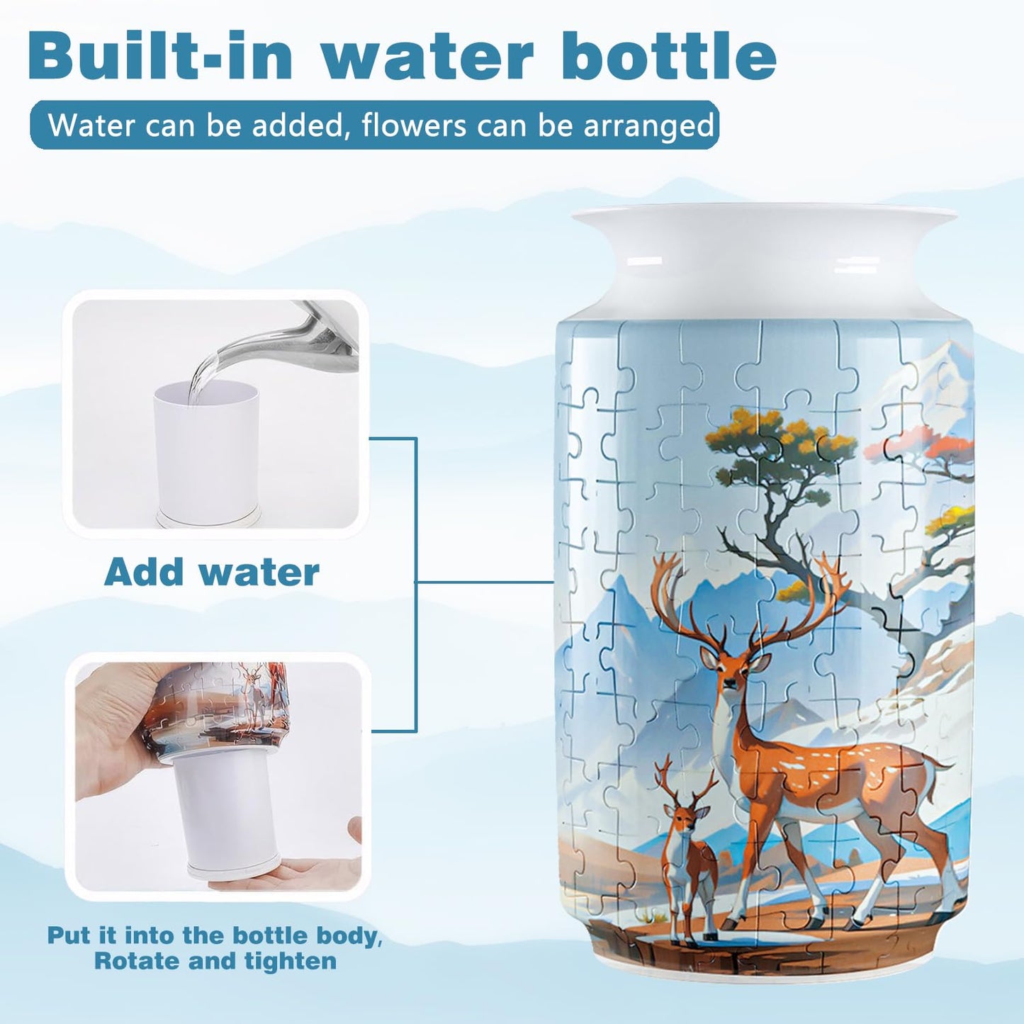 3D Puzzle Vase for Adults, 162-Piece Unique Curved Plastic Flower Vase,House Warming Gift for Flower Arrangements and Home Decor, for Mom (Blue Deer)