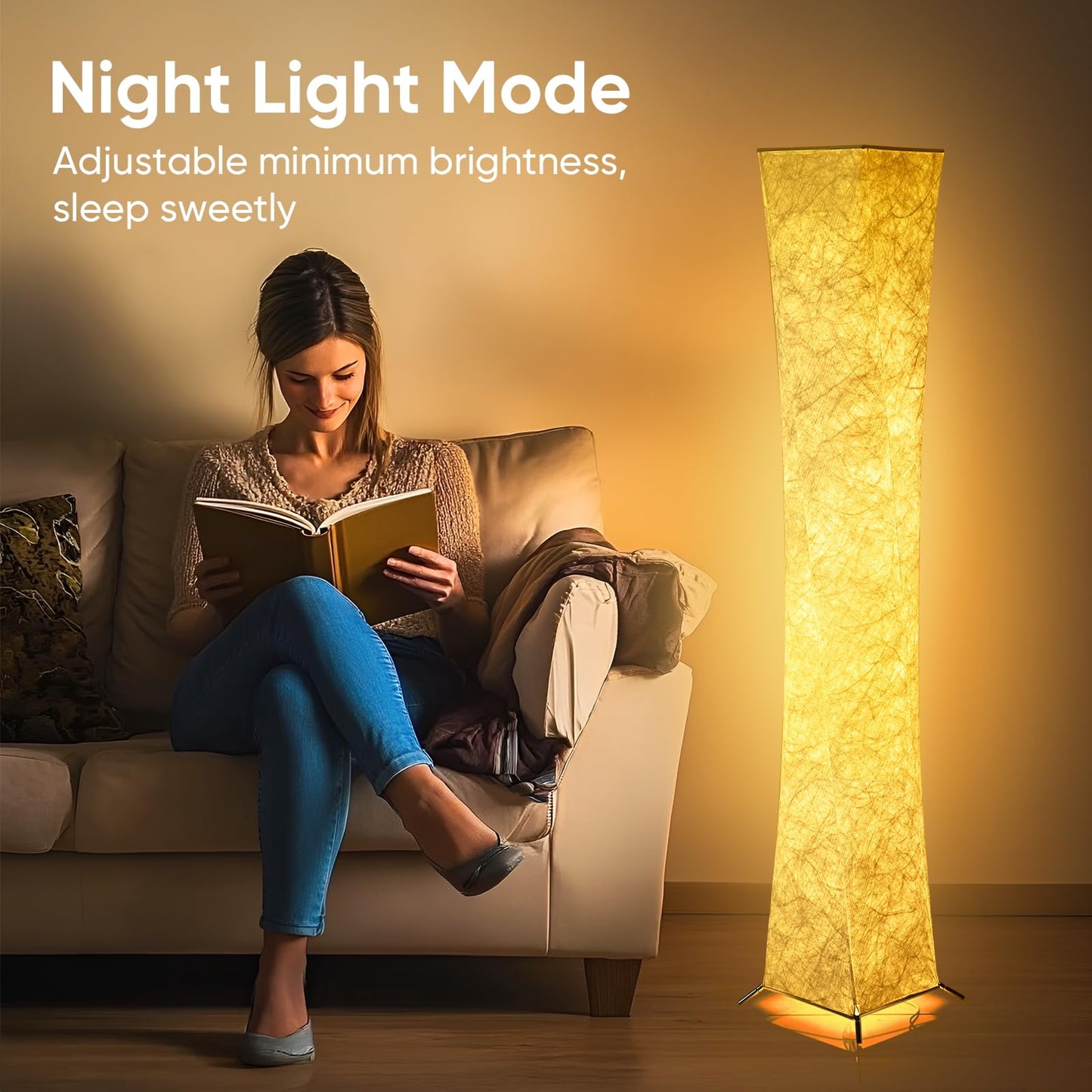 YIEONSHION Modern Floor Lamp with Soft Light, 52 Inch, Remote Control for 3 Colors & Brightness, Energy Efficient LED Tyvek Fabric Shade for Bedroom, Living Room