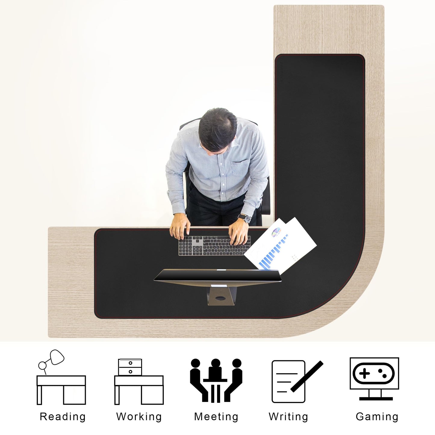 ZORESYN 63" L-Shaped Gaming Desk Mat Mouse pad, Computer Corner Desk Pad, Home Office Writing Desk Pad Protector, Large Waterproof PU Leather Corner Mousepad - Black, (157+160) x50cm