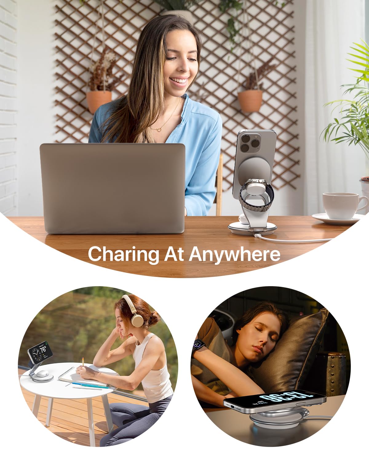 EXW Wireless Charging Station for Magsfe Charger,3 in 1 Wireless Charger for Magsafe Charging Station,Foldable Charger for iPhone 16/15/14/13/12 Series for Apple Watch & AirPod(30W Charger Included)