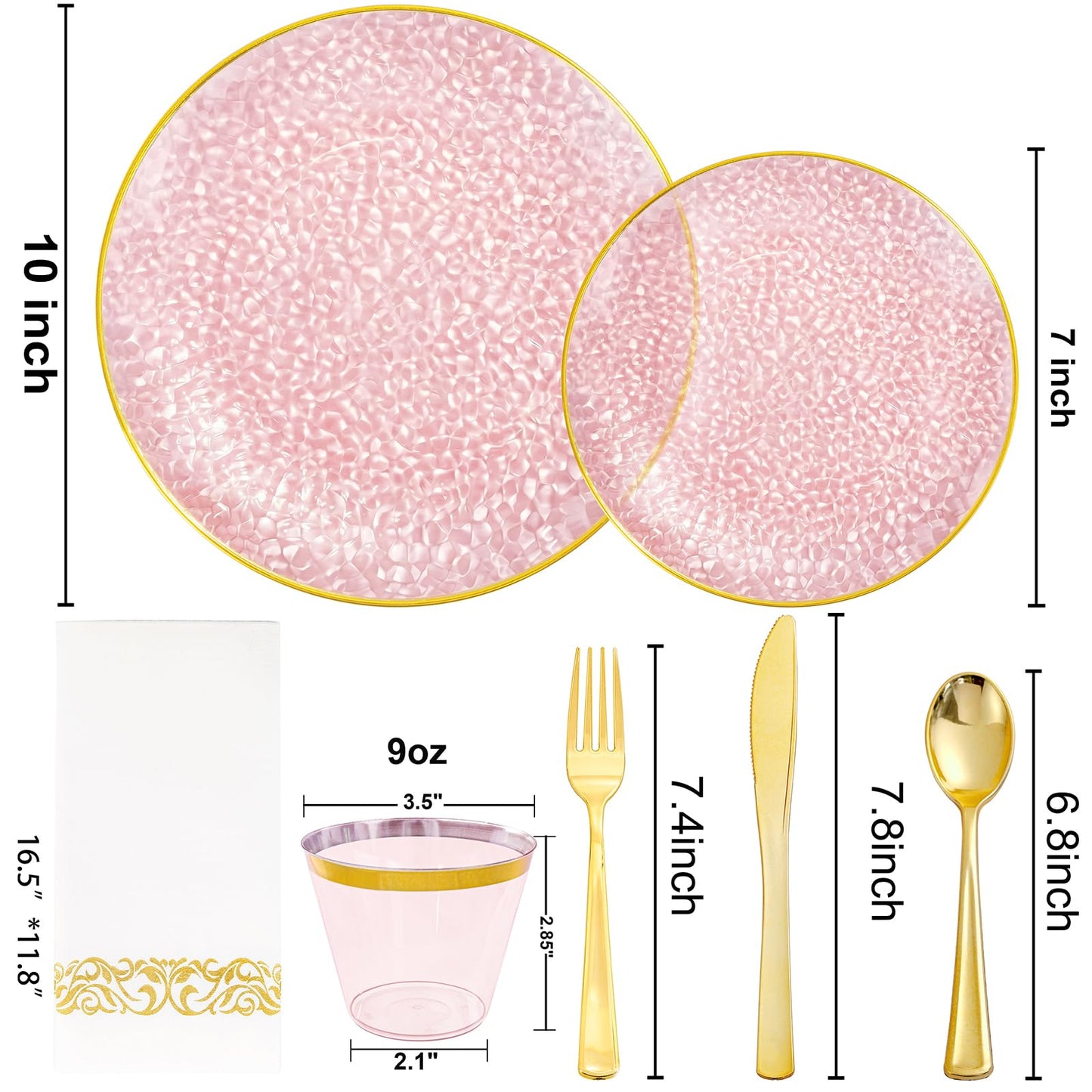 Rubtlamp 350 Pcs Clear Pink Plastic Plates, Pink Gold Plastic Dinnerware Set (50 Guests), Disposable Plates With Gold Rim, Hammered Party Plates Set for Wedding And Party