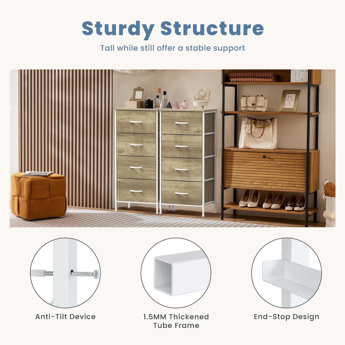 DUMOS Nightstand with 4 Drawers Bedside Table with Removable Fabric Bins Sturdy Steel Frame Wood Top Organizer Furniture for Bedroom Closet Living Room,Oak Greige