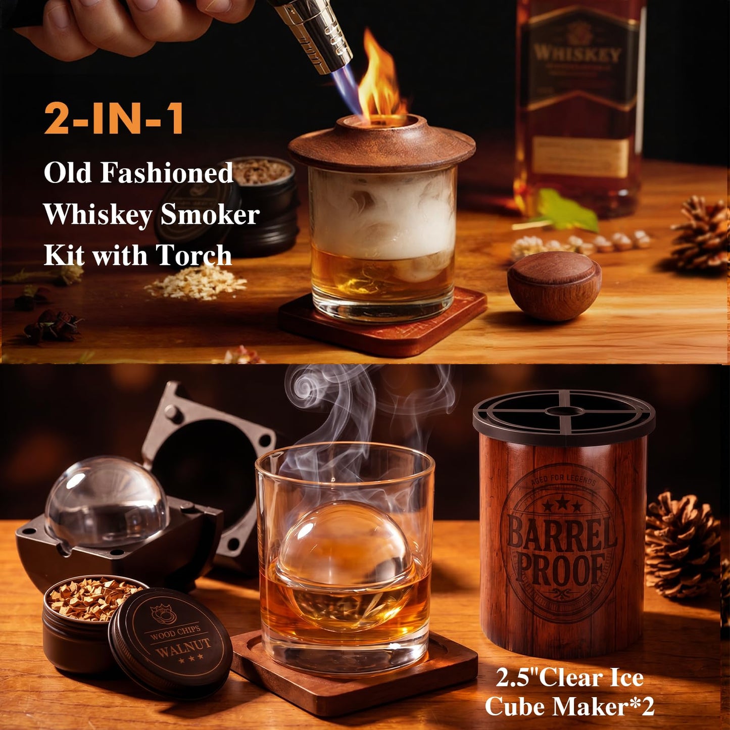 Whiskey Smoker Kit with Crystal Clear Ice Ball Maker, Torch Included, 6 Wood Chip Flavors, Old Fashioned Cocktail Smoker Kit, Bourbon Whiskey Gifts for Men, Dad (No Butane)