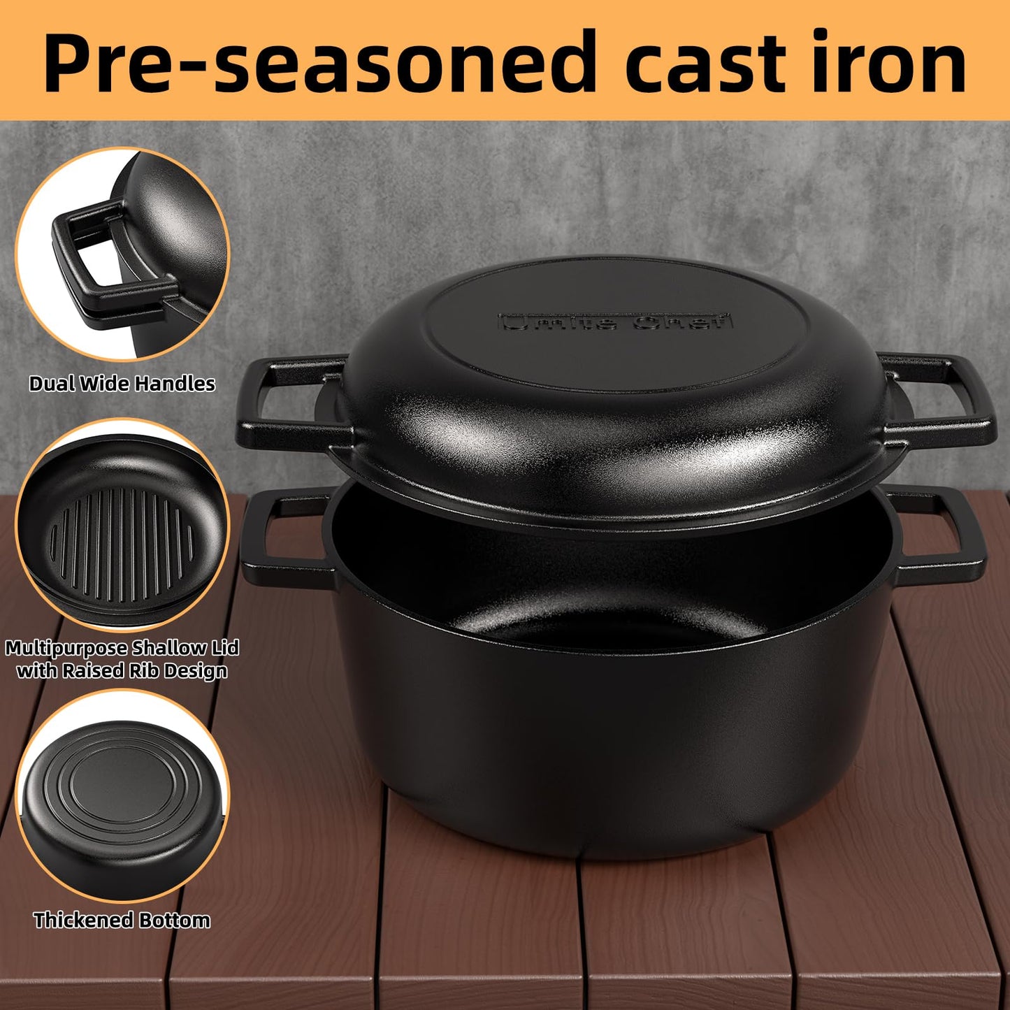 2-in-1 Pre-Seasoned Cast Iron Double Dutch Oven Pot with Skillet Lid & Silicone Sleeves – Raised Rib Skillet Lid– Umite Chef 7QT Cast Iron Skillet Cookware Pan Set wirh Dual Handles – Oven, Grill, Campfire & Stovetop Safe –PFAS-Free