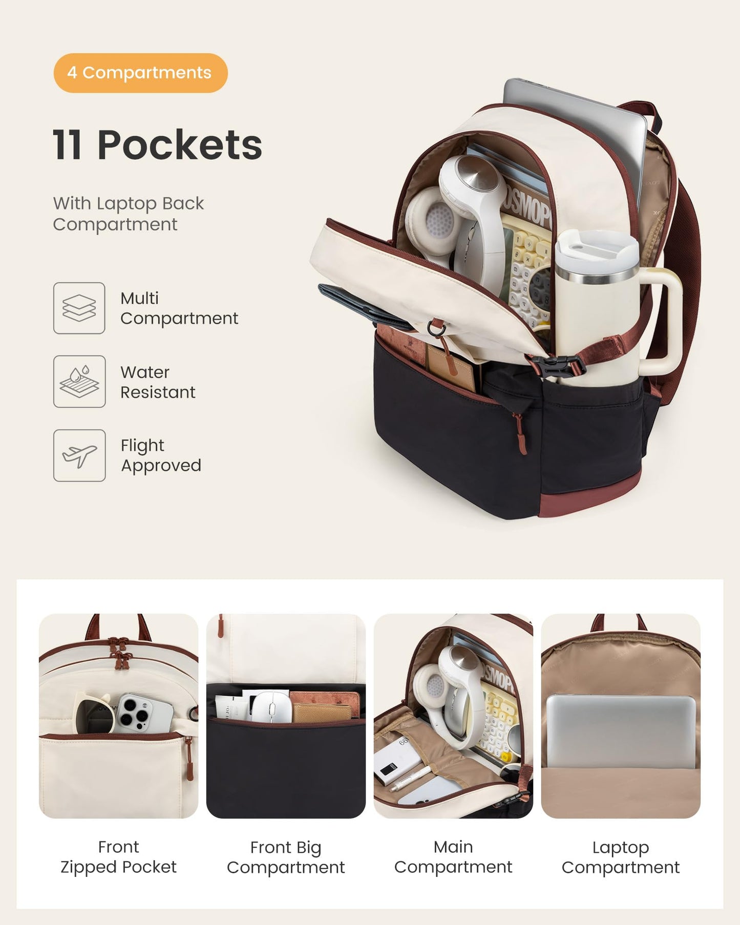 LOVEVOOK Laptop Backpack for Women with Giant Tumbler Holder,15.6 Inch Laptop Computer Bag Travel Backpack Purse,Waterproof Work Business Backpack College Bookbag Teacher Bags,Beige-Black-Brown