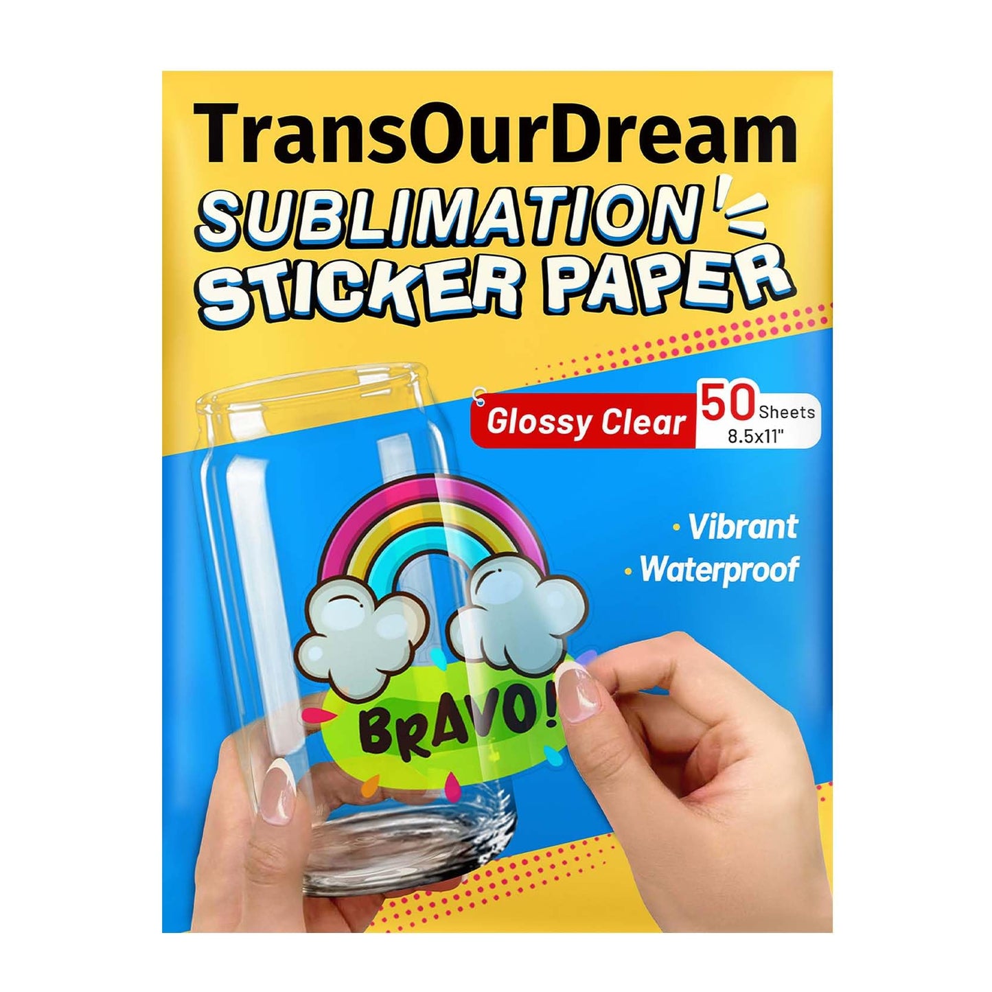 TransOurDream Sublimation Sticker Paper-50 Pcs 100% Glossy Clear Waterproof Heat Transfer Stickers 8.5x11 for Sublimation Inkjet Printer with Sublimation Ink, Decoration for Mugs, Phone Cases, Tumbler