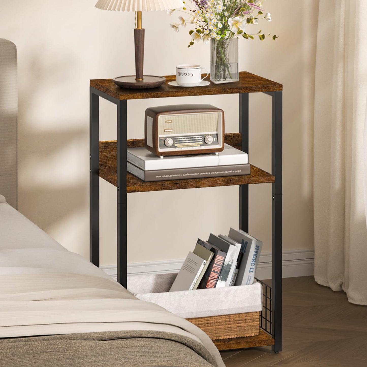LELELINKY Large Brown Record Player Stand, 3 Tier 18" Wide Big End Table with Vinyl Storage Up to 130 Albums, Industrial Turntable Printer Tables, Modern Side Tables for Living Room, Bedroom, Office