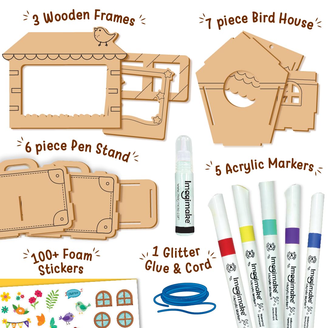 Imagimake DIY Wood Art Mega Pack | Build Wooden Bird House, 3 Photo Frames & Pen Stand | Wooden Painting Crafts for Kids | 100+ Foam Stickers for Wood Crafts |Boys & Girls Birthday Gifts Age 5,6,7,8,9
