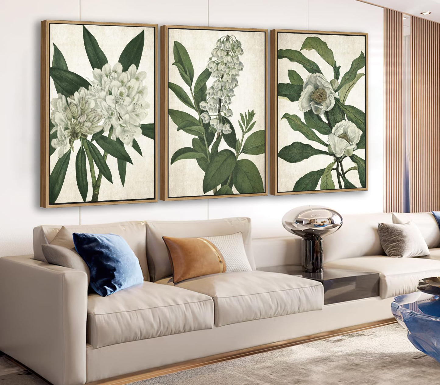 Large Framed Canvas Wall Art - Natural Float Framed White Flowers Green Leaves Pictures Decor Simple Botanical Plants Artwork for Living Room Bedroom Kitchen Home Office Decoration 48" X 24" Set of 3