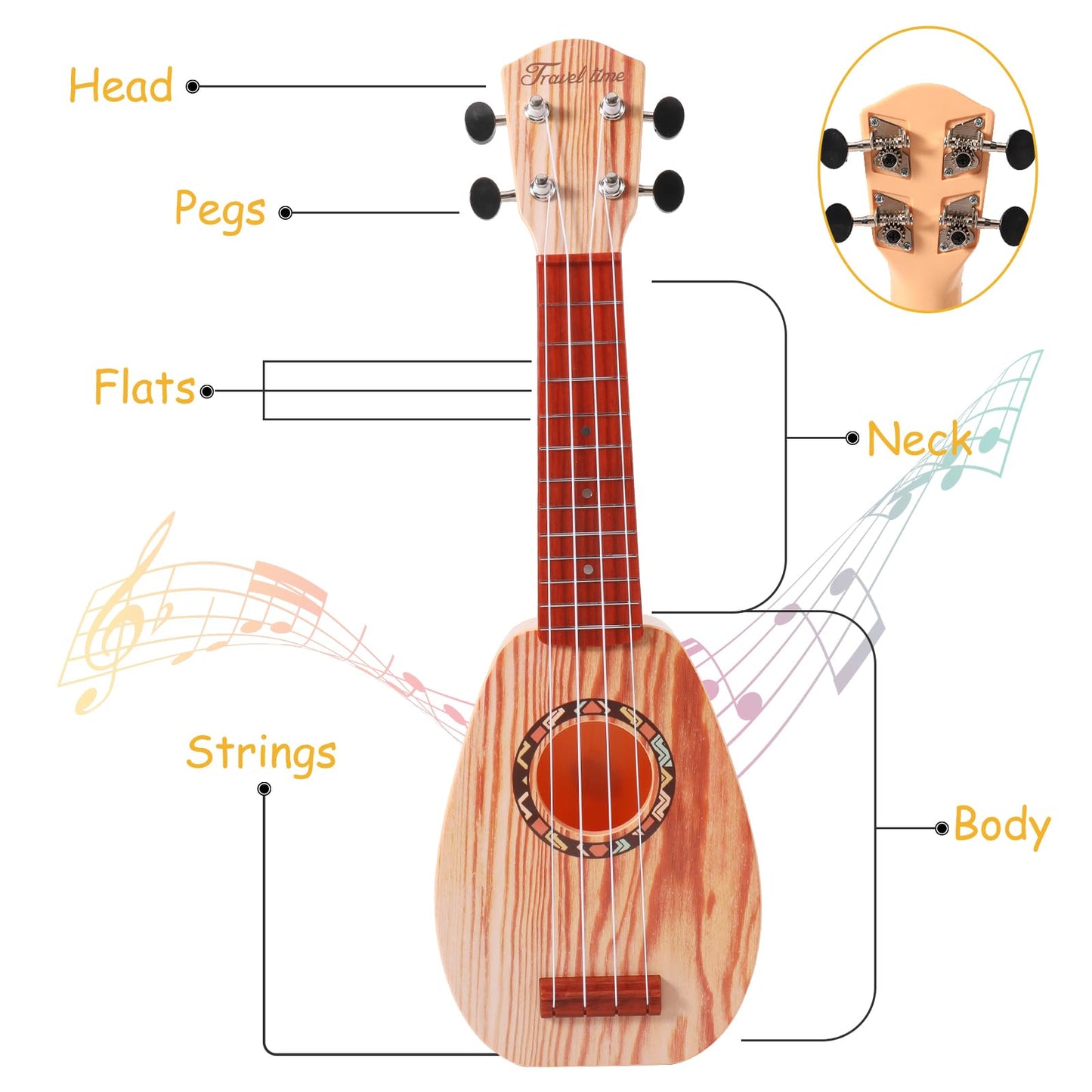 17" Mini Guitar Ukulele Toy for Kids 4 Strings Keep Tones Can Play Not Electronic Ukulele Children Musical Instruments Educational Toys with The Picks and Strap for Beginner Starter (Light Color)