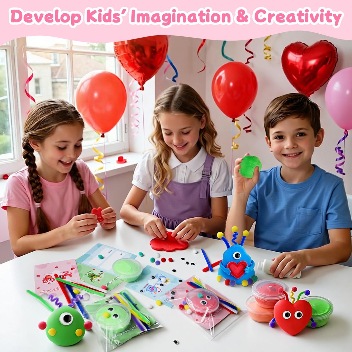 NAXYAN 24 Packs Valentines Day Cards for Kids School with DIY Air Dry Clay Kits Valentines Day Gifts for Kids Classroom Valentine Class Exchange Presents Party Favors (24 Packs for Valentines)