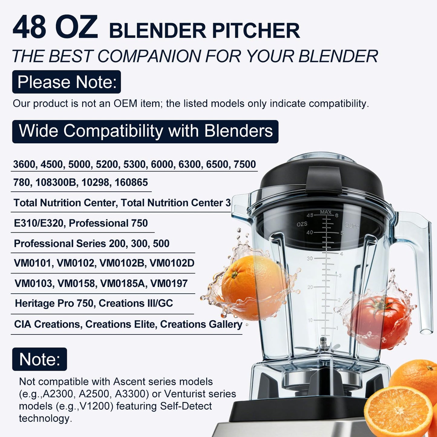 Blender Pitcher 48oz, Compatible with Vitamix 750 5300 5200 5000 7500 6300 Vm0102 Vm0103 Vm0197 E310, Venturist Laser-Cut Stainless Steel Blades BPA-Free Clear Jar