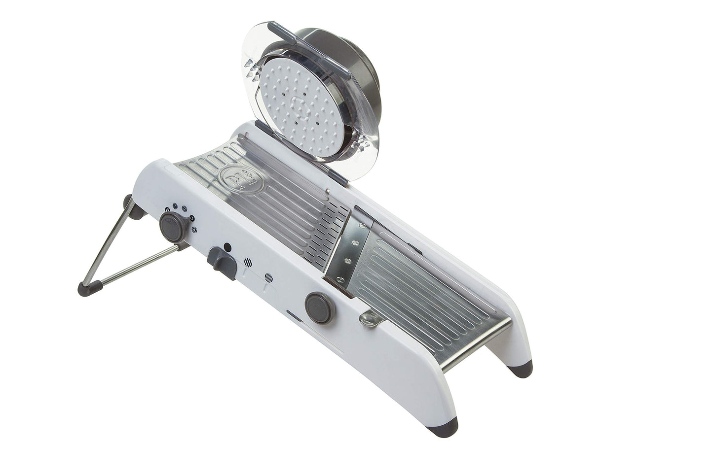 PL8 Professional Mandoline - Versatile Slicer with Adjustable Straight, Waffle, and Julienne Blades, Extra-Wide Stainless Steel Deck, Safety Hand Guard, Non-Skid Feet, and Space-Saving Design