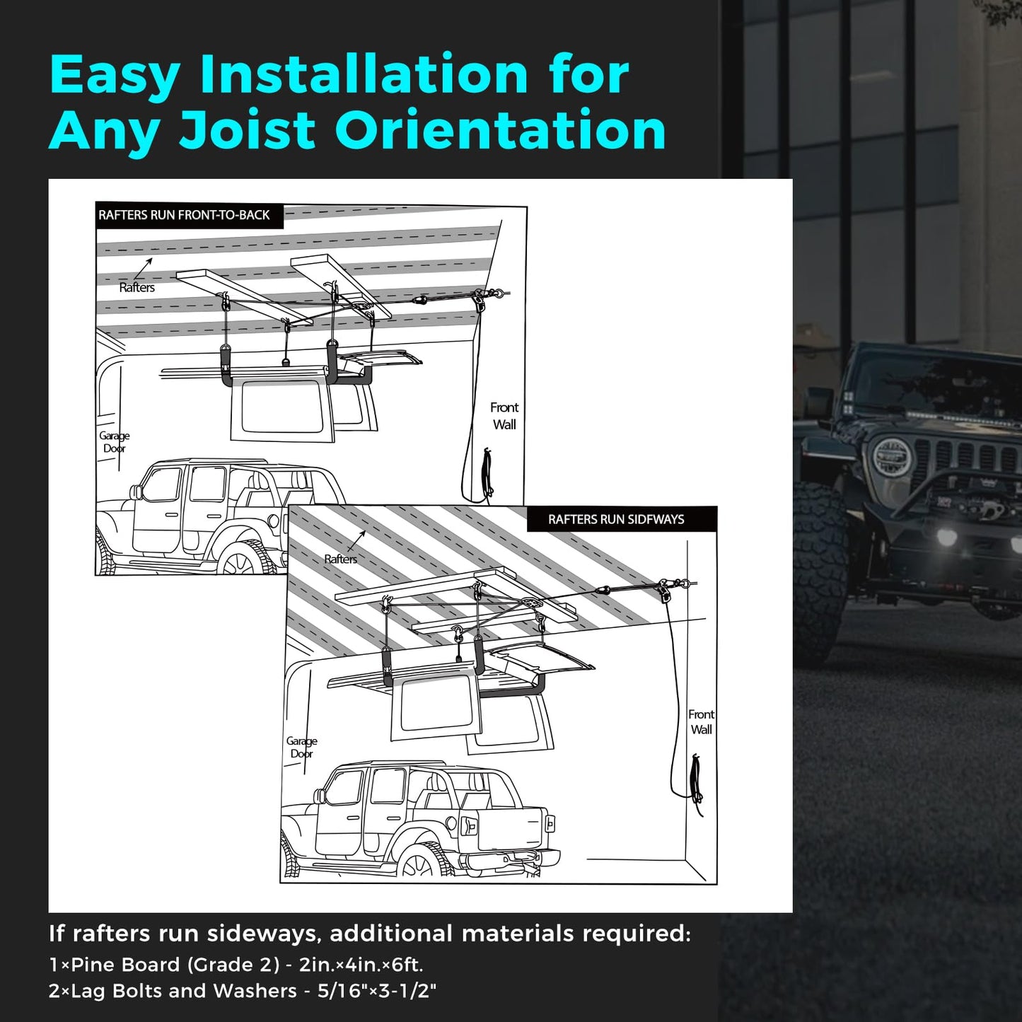 Hard Top Removal Lift for Jeep Wrangler JL JK TJ Ford Toyota and More Models, Easy One-Person Auto-Lock Anti-Drop Hoist with Multi-Use Overhead Storage (Supports 8-14 ft. Ceiling, Bundled 6 T-Knobs)